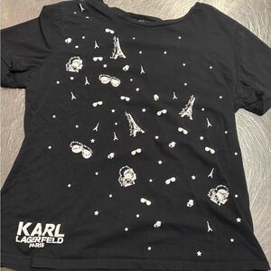 Karl Lagerfeld Paris women’s black  Tee with Iconic Graphics with sequins/beads